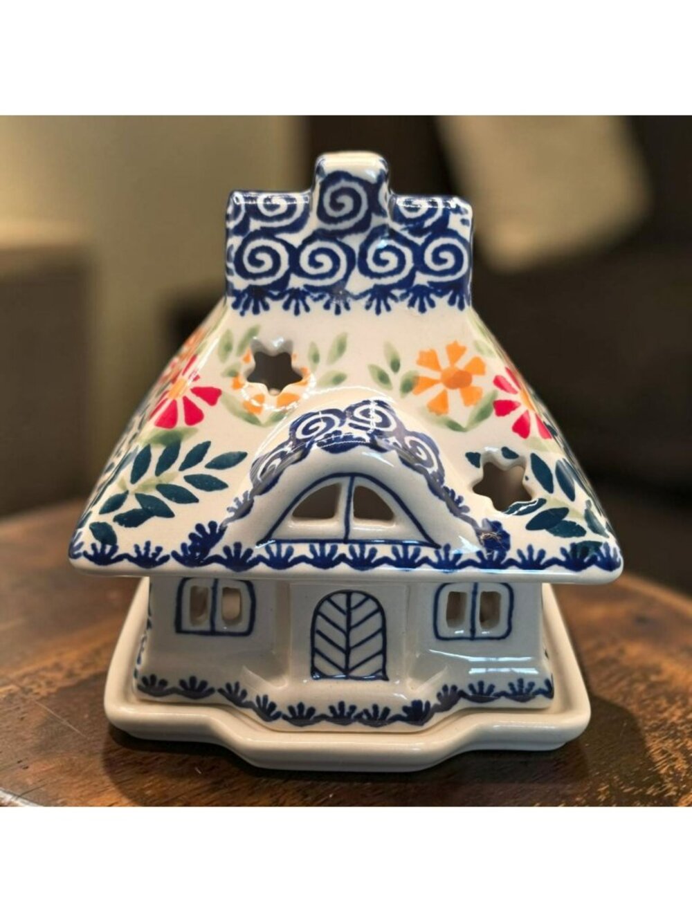 Polish Pottery Fairy Lamp Light House Hand-Painted Floral Tea Light Holder